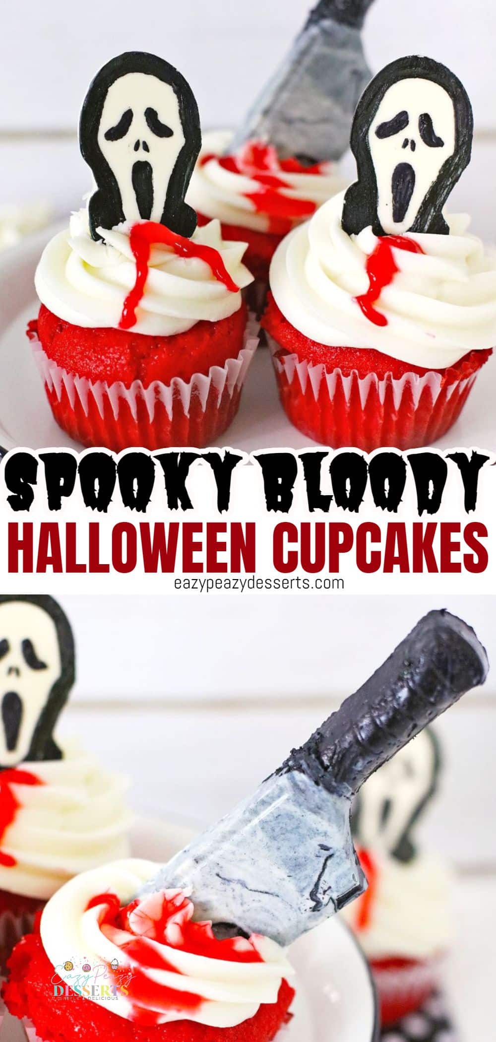 Photo collage of Halloween cupcakes decorated with chocolate scream and knife decorations