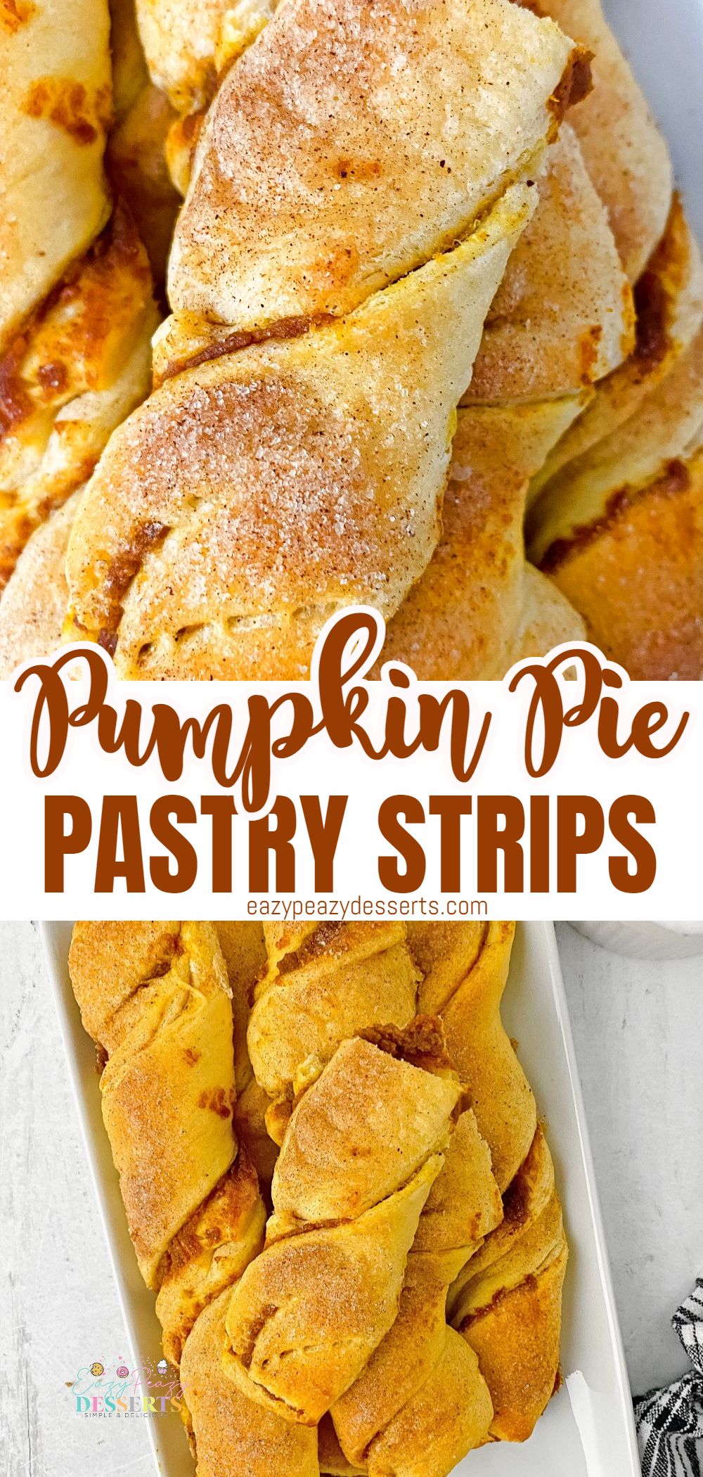 Photo collage of twisted pumpkin pastry strips