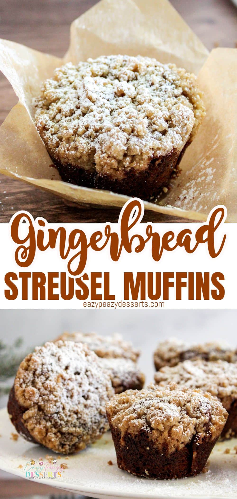 Photo collage of gingerbread muffins with streusel top