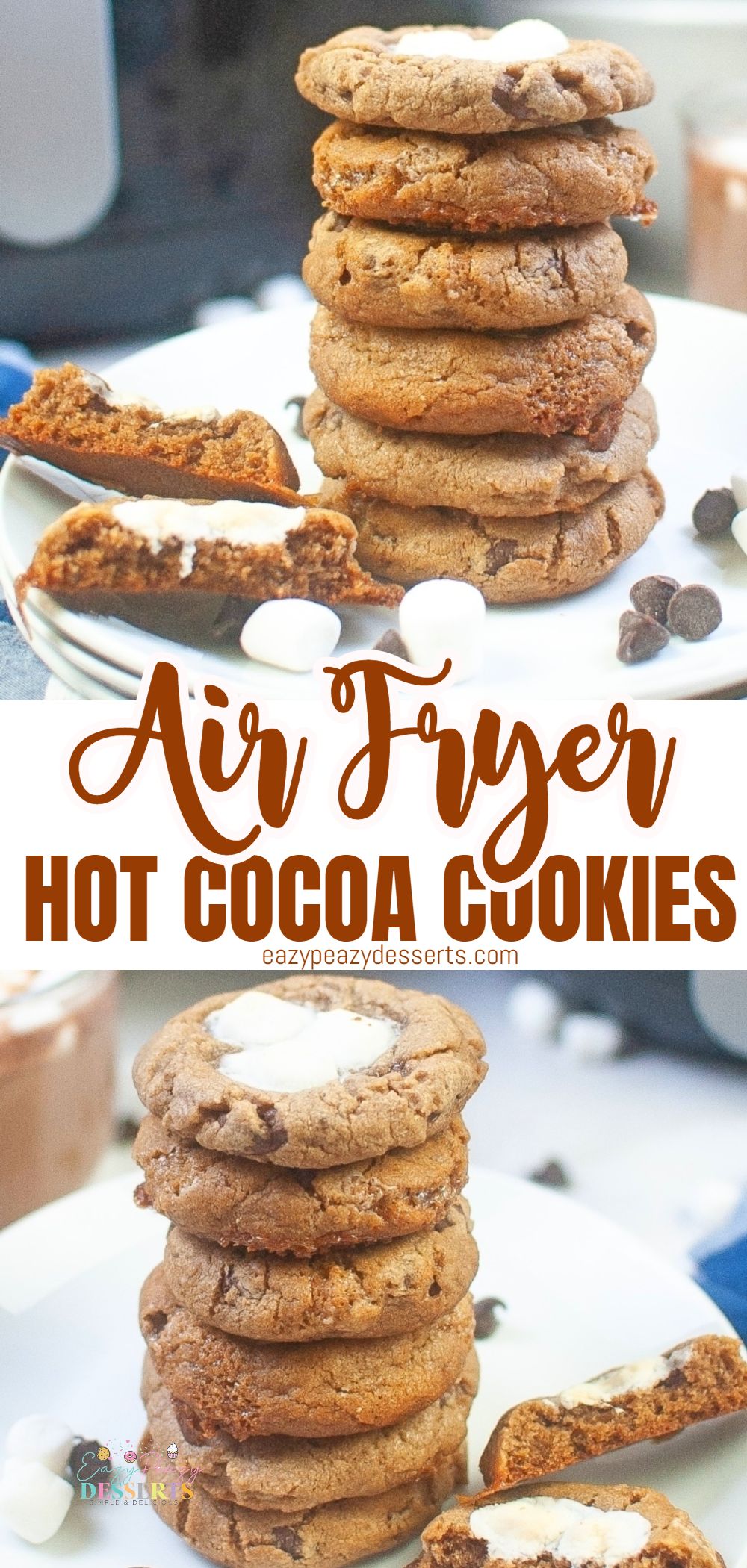 Photo collage of hot cocoa cookies made in the air fryer