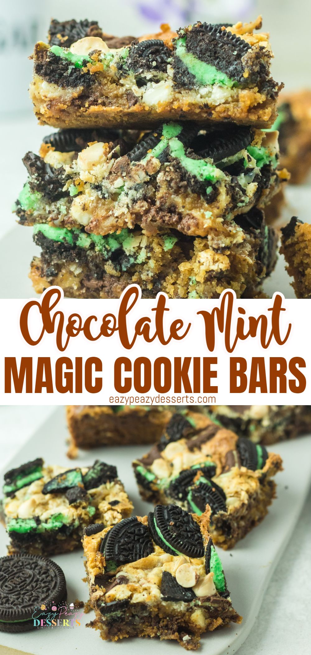 Photo collage of mint magic cookie bars